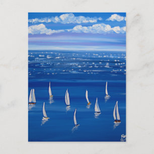 Postal Blue Sailing Sailboat Folk Art Post Card