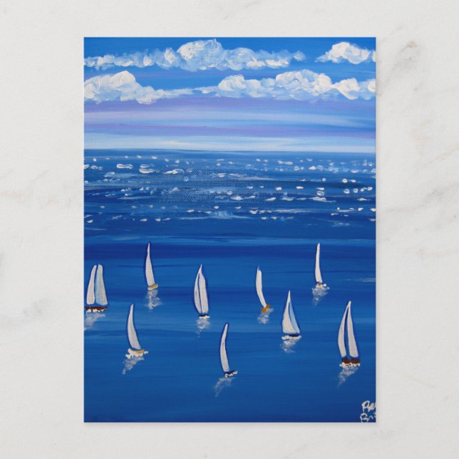 Postal Blue Sailing Sailboat Folk Art Post Card (Anverso)