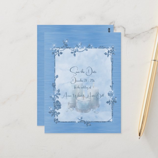 Postal Blue Shiny Elegant Sparkly Save the Date (Anverso/Reverso In Situ)