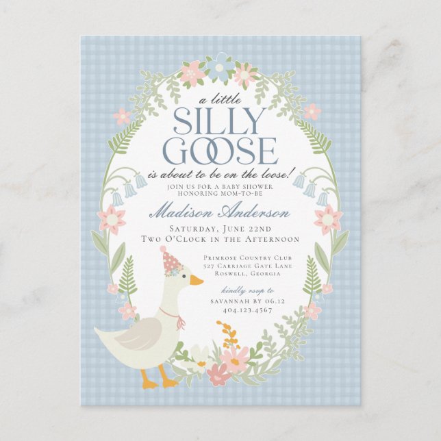 Postal Blue Silly Goose Floral Gingham Baby Shower (Anverso)