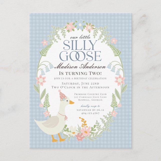 Postal Blue Silly Goose Floral Gingham Birthday Party (Anverso)