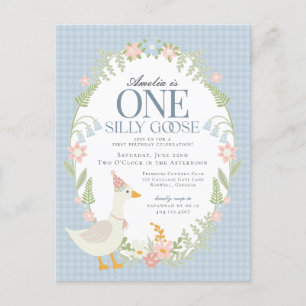 Postal Blue Silly Goose Floral Gingham Primer Cumpleaños