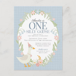 Postal Blue Silly Goose Floral Gingham Primer Cumpleaños