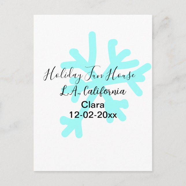 Postal Blue snowflakes holiday camping house place date (Anverso)