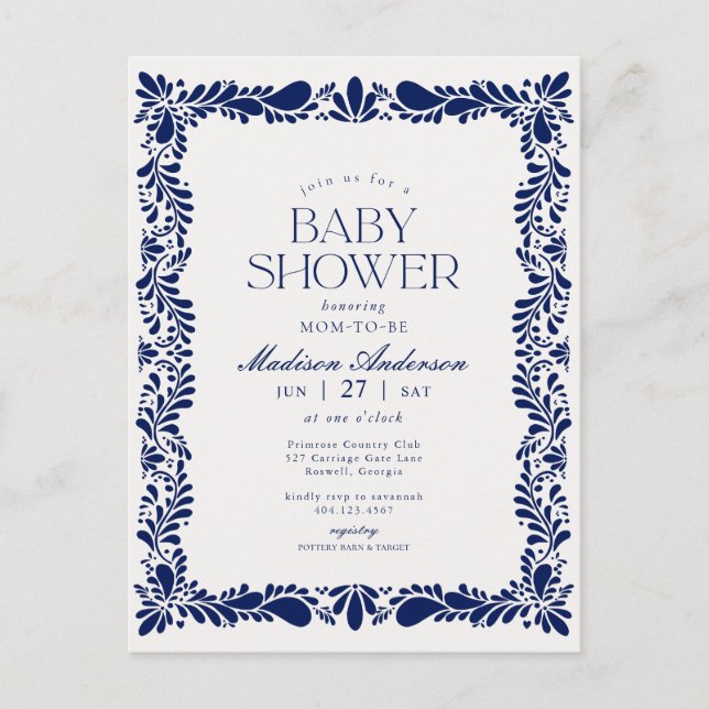 Postal Blue Talavera Tile Spanish Fiesta Baby Shower (Anverso)