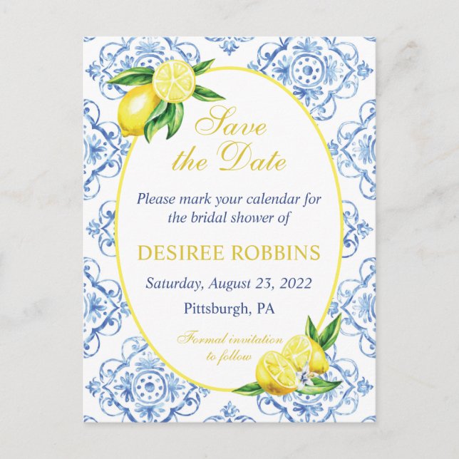 Postal Blue Tile Floral Lemon Bridal Shower Save the Date (Anverso)