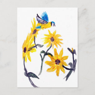 Postal Blue Tit, Yellow Sunflowers Nature Art