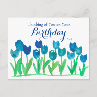 Postal Blue Tulip Watercolor Flores Feliz cumpleaños