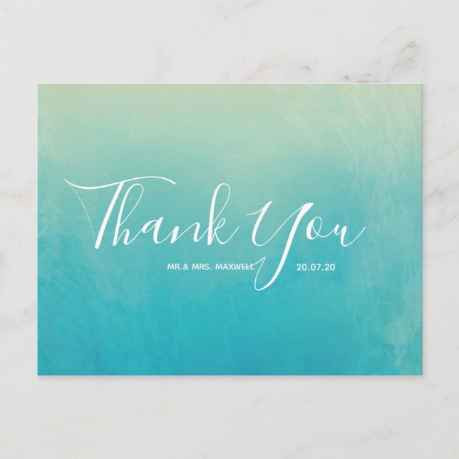 Postal Blue Watercolor Beach Wedding Gracias (Anverso)