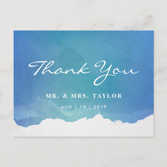 Postal Blue Watercolor Beach Wedding Gracias Postcard (Anverso)