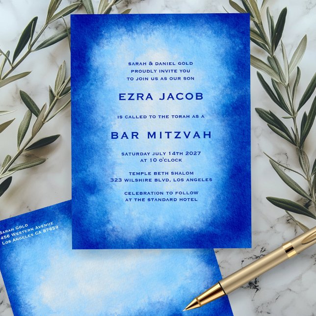 Postal Blue Watercolor Custom  Bar Bat Mitzvah (Blue Watercolor Custom Bar Bat Mitzvah Invitation Postcard
)