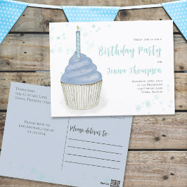 Postal Blue Watercolor Cute Whimsical Cupcake Cumpleaños