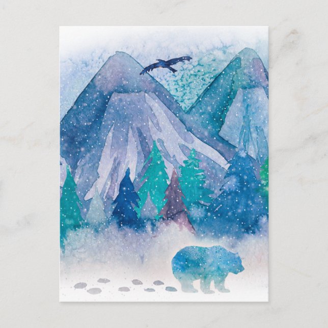 Postal Blue Watercolor Winter Mountain Landscape Art (Anverso)