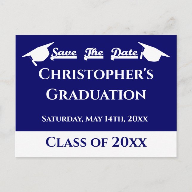 Postal Blue White Modern Classic Graduation Save The Date (Anverso)