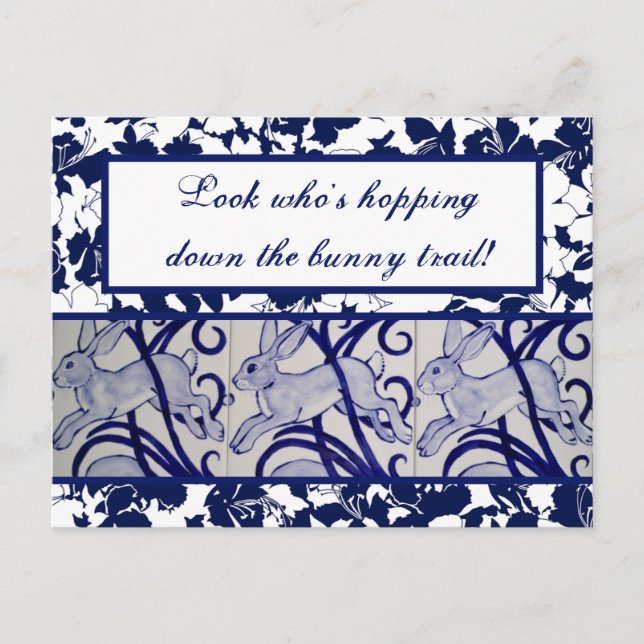 Postal Blue & White Rabbit Hare Bunny Art Deco Pascua (Anverso)