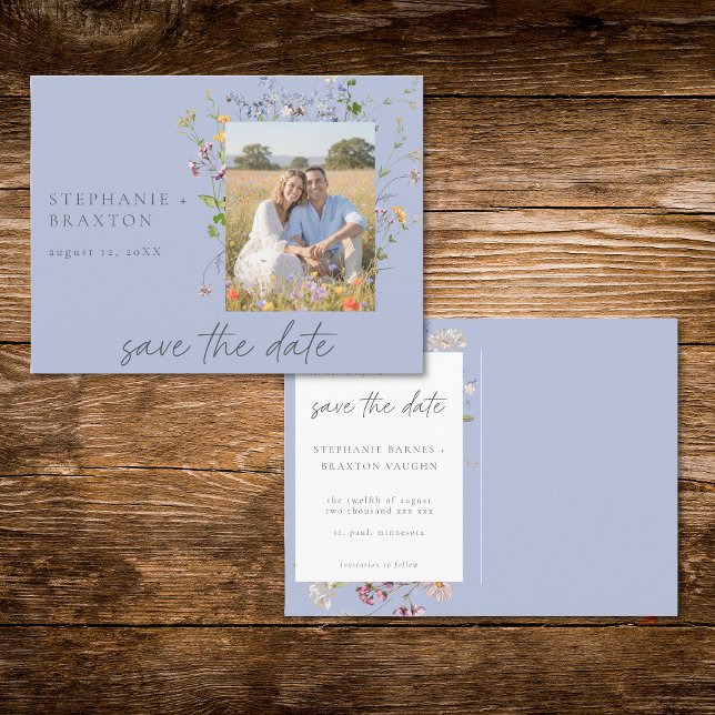 Postal Blue Wildflower Garden Elegant Photo Save the Date (Subido por el creador)