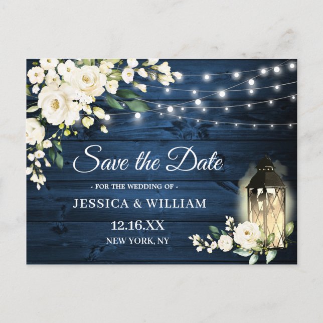 Postal Blue Wood White Roses Rustic Wedding Save the Date (Anverso)
