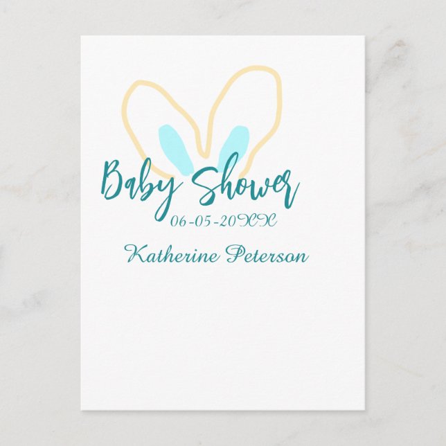 Postal Blue yellow baby shower name date animal ear cute  (Anverso)