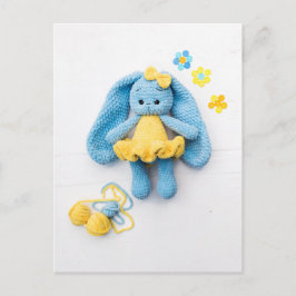 Postal Blue & Yellow Crochet Bunny — Cozy Handmade Art