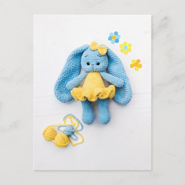 Postal Blue & Yellow Crochet Bunny — Cozy Handmade Art (Anverso)