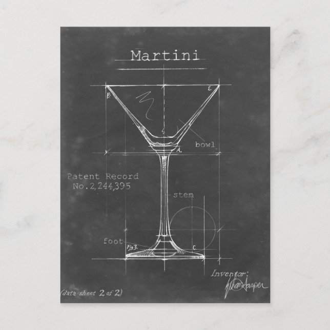 Postal Blueprint de cristal de Martini blanco y negro (Anverso)