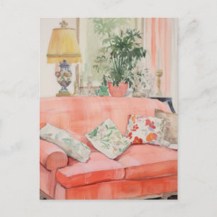 Postal Blush Comfort – Sofá Rosa Acuarela Sala de Estar