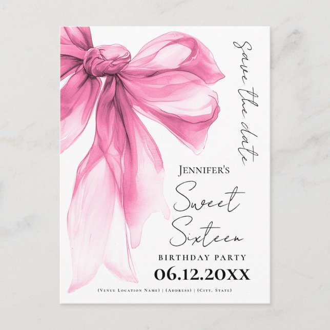 Postal Blush Pink Bow Coquette Sweet 16 Save the Date  (Anverso)