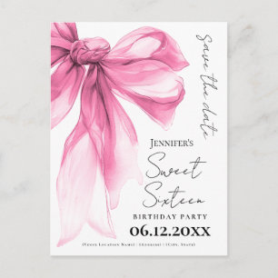 Postal Blush Pink Lazo Coquette Sweet 16 Guardar la Fecha
