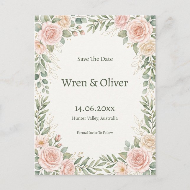 Postal Blush Rose Greenery Save the Date (Anverso)