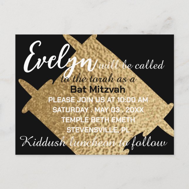 Postal BM Bar o Bat Mitzvah Black N Gold Torah (Anverso)