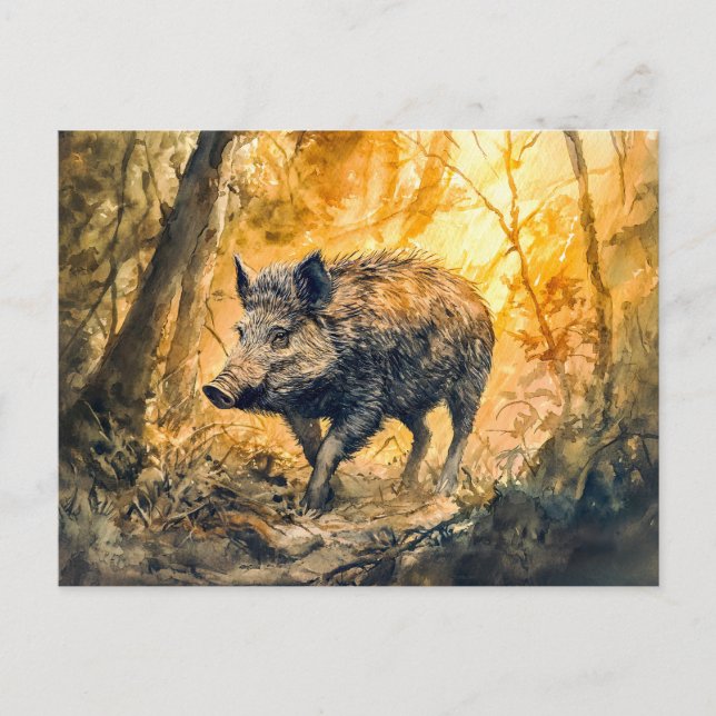 Postal Boar salvaje en pintura de acuarela forestal (Anverso)