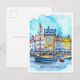 Postal Boceto acuarela Nyhavn Copenhague