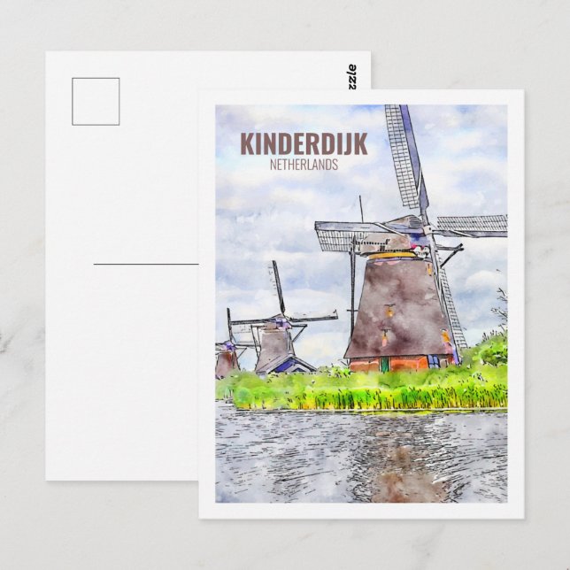 Postal Boceto de acuarela de viaje de Kinderdijk Países B (Anverso / Reverso)