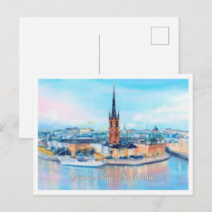 Postal Boceto de acuarela Gamla Stan Estocolmo Suecia