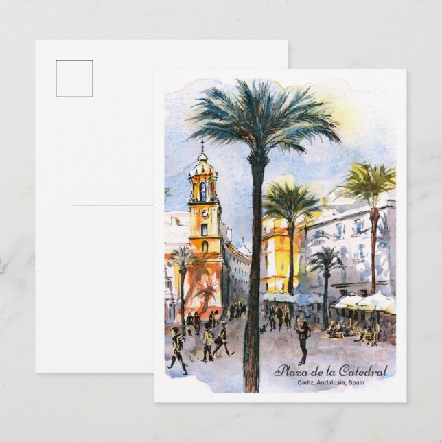 Postal Boceto de acuarela plaza de la catedral Cádiz Espa (Anverso / Reverso)