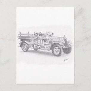 Postal boceto de camión de bomberos vintage dibujado a ma