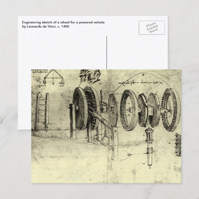 Postal Boceto de ingeniería de una rueda de Leonardo da V (Anverso / Reverso)