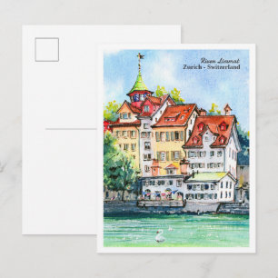 Postal Boceto en acuarela del río Limmat Zúrich 