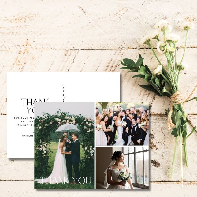 Postal Boda 3 Collage de fotos Gracias Postcard (Wedding 3 Photo Collage Thank You Postcard)