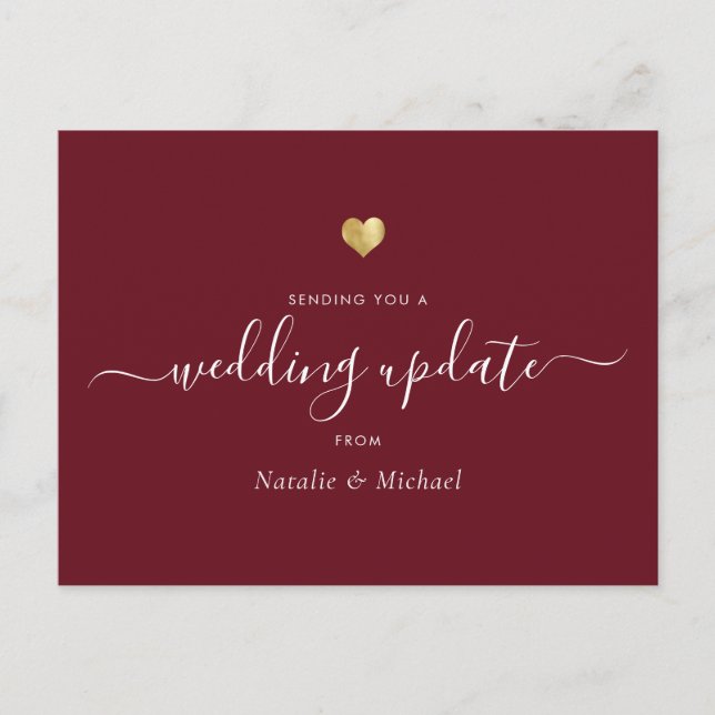 Postal Boda Actualización Elegante Script Gold Heart Burg (Anverso)