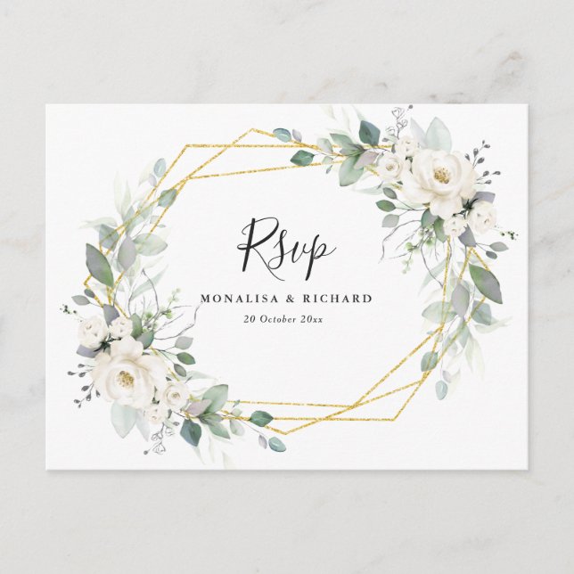 Postal Boda acuarela blanca de vegetación floral RSVP (Anverso)