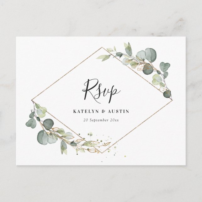 Postal Boda acuarela eucalipto verde RSVP (Anverso)