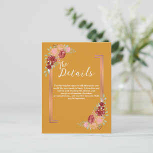 Postal Boda acuarela floral de mostaza amarilla y Borgoña