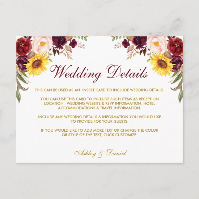 Postal Boda acuarela Floral Gold Detalles Insertar tarjet (Anverso)