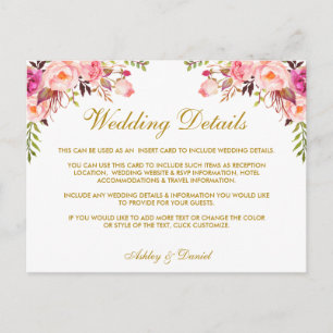Postal Boda acuarela rosa Floral Detalles Insertar tarjet