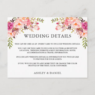 Postal Boda acuarela rosa Floral Detalles Insertar tarjet
