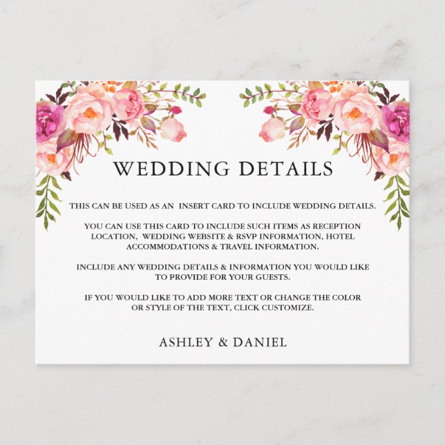 Postal Boda acuarela rosa Floral Detalles Insertar tarjet (Anverso)