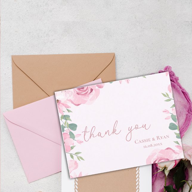 Postal Boda acuarela Rubor Pink Floral Gracias (Watercolor Blush Pink Floral Wedding Thank you Postcard)