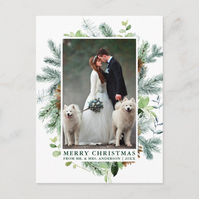 Postal Boda acuático de pino foto Navidades verdes (Anverso)
