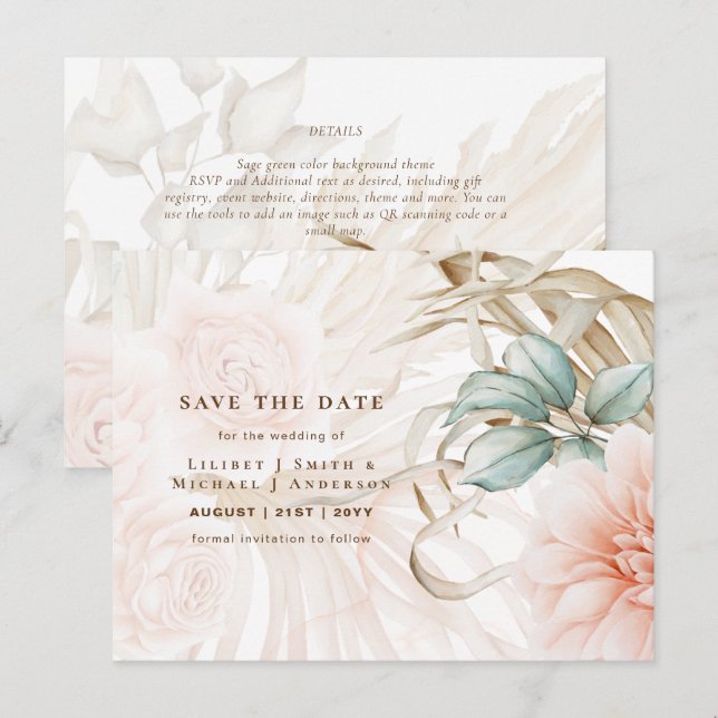 Postal Boda Airy BOHO Pampas Grass Light Peach (Anverso / Reverso)